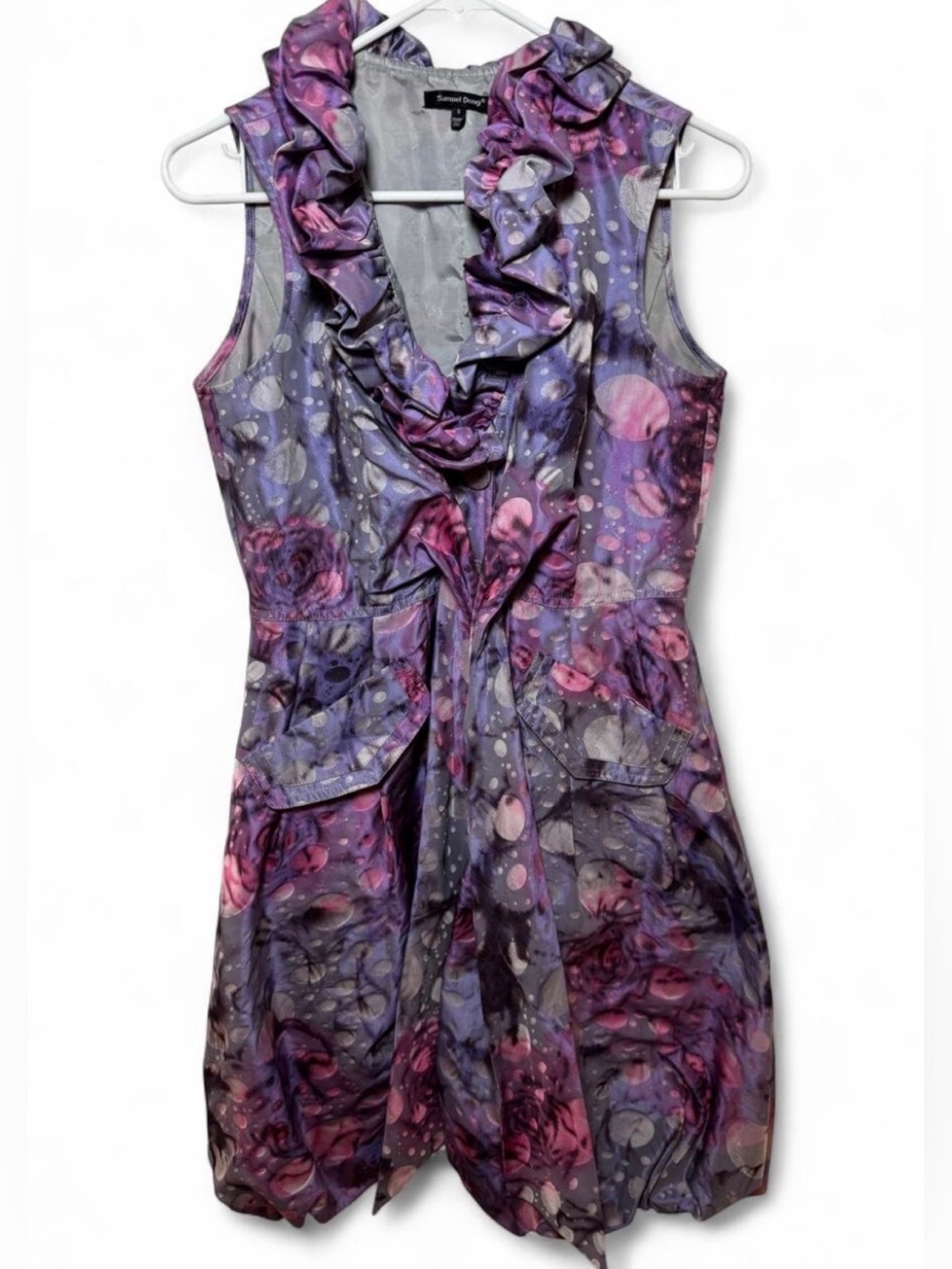Samuel Dong Purple Pink Abstract Floral Ruffle Collar Bubble Hem Dress Small